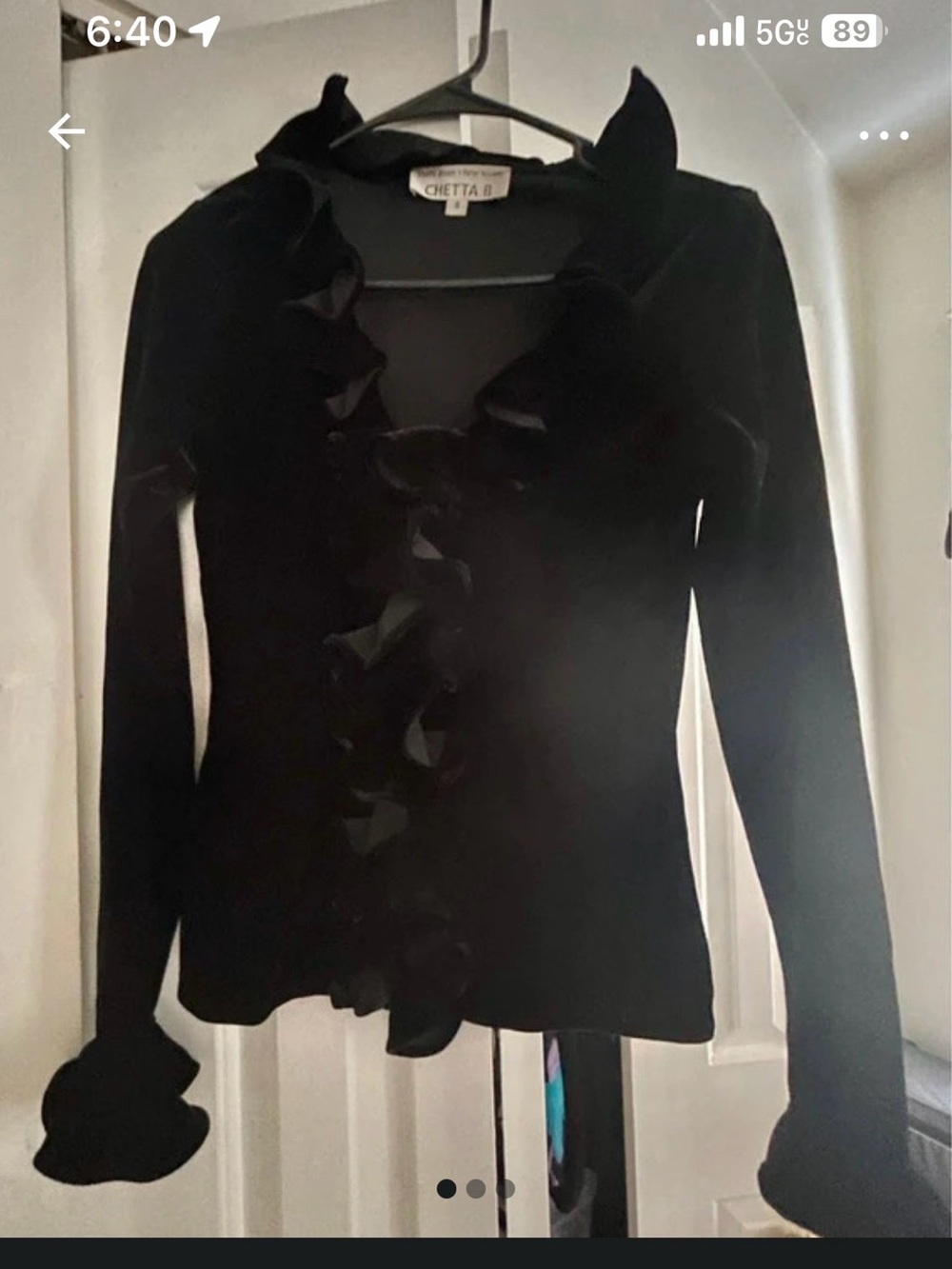 Neiman Marcus Black Ruffle-Front Long Sleeve Blouse
